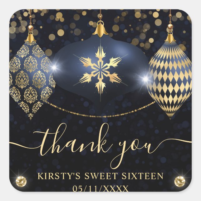 Navy Blue und Gold Christmas Baubles 16 . Geburtst Quadratischer Aufkleber (Vorderseite)