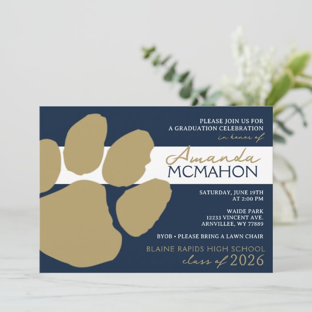Navy Blue und Gold Elegant Pawprint (Foto Back) Einladung (Stehend Vorderseite)