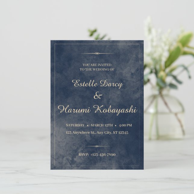 Navy Blue und Gold Elegante, Aquarellbilder Einladung (Stehend Vorderseite)