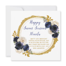 Navy Blue und Gold Elegante Blume 16 . Geburtstag