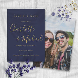 Navy Blue und Gold-elegante Signature-Script-Foto Save The Date