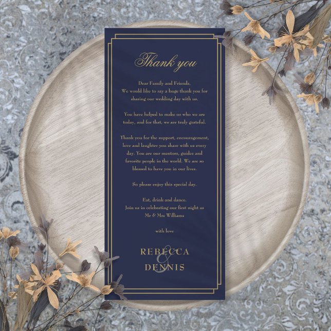 Navy Blue und Gold Empfang Vielen Dank Platzkarte Menükarte (Navy Blue And Gold Reception Thank You Place Card)
