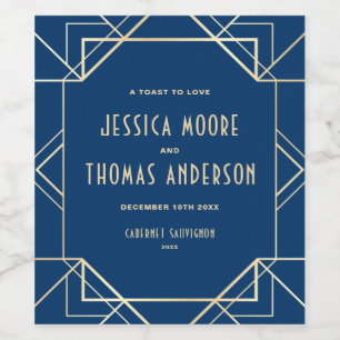 Navy Blue und Gold Gatsby Art Deco Custom Wedding Weinetikett
