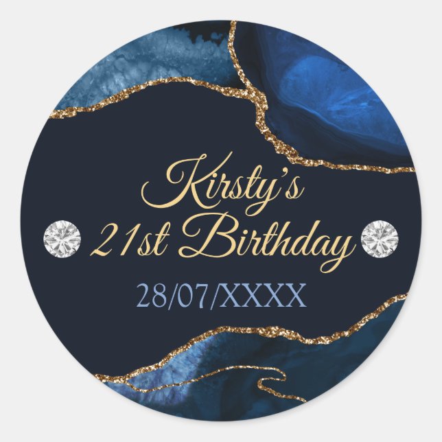 Navy Blue und Gold Glitzer Agate Birthday Runder Aufkleber (Vorderseite)