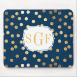 Navy Blue und Gold Glitzer Dots Mit Monogramm Mousepad<br><div class="desc">Moderne und on-Trend-Punkte von Imitaten Gold Glitzer funkeln auf diesem klassischen marineblau Mousepad mit einem maßgeschneiderten dreiteiligen Monogramm.</div>