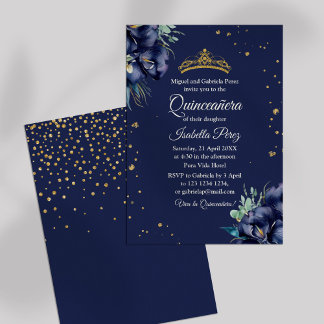 Navy Blue und Gold Glitzer Tiara Quinceanera Einladung