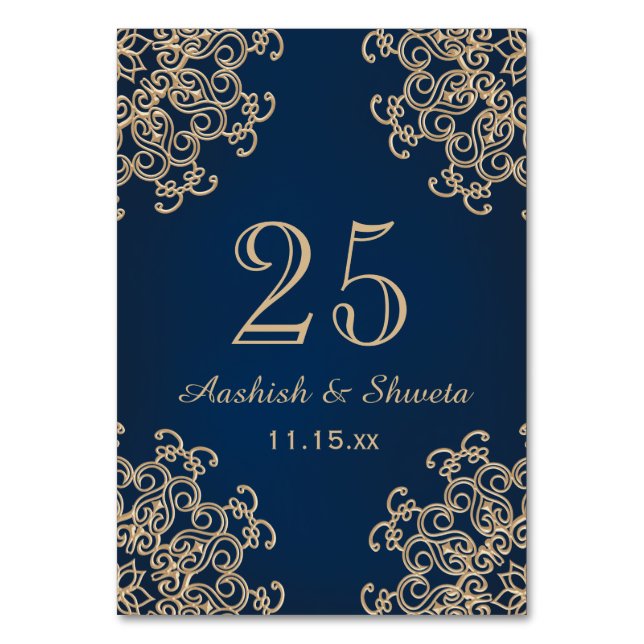Navy Blue und Gold Indian Style Wedding Number Tischnummer (Rückseite)