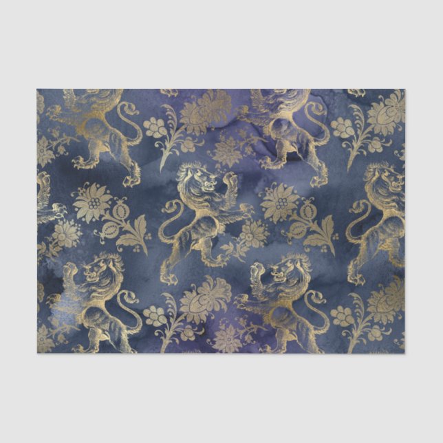 Navy Blue und Gold Lion Floral Seidenpapier (Vorderseite)