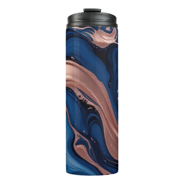 Navy Blue und Gold Liquid Marmor Abstrakt Thermosbecher (Vorderseite)