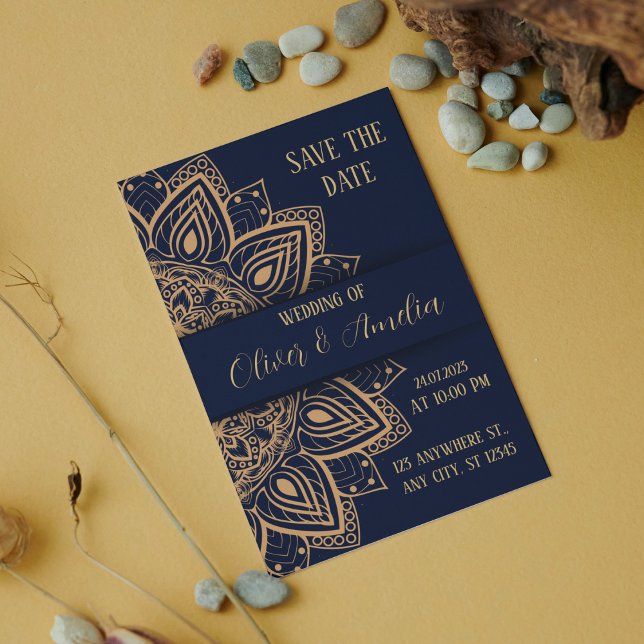 Navy Blue und Gold Luxury Mandala Wedding Einladung (Von Creator hochgeladen)
