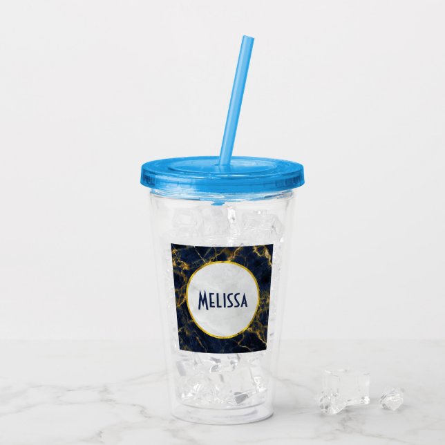 Navy Blue und Gold Marble Moderne Stilvoll Acryltrinkbecher (Rückseite Ice)