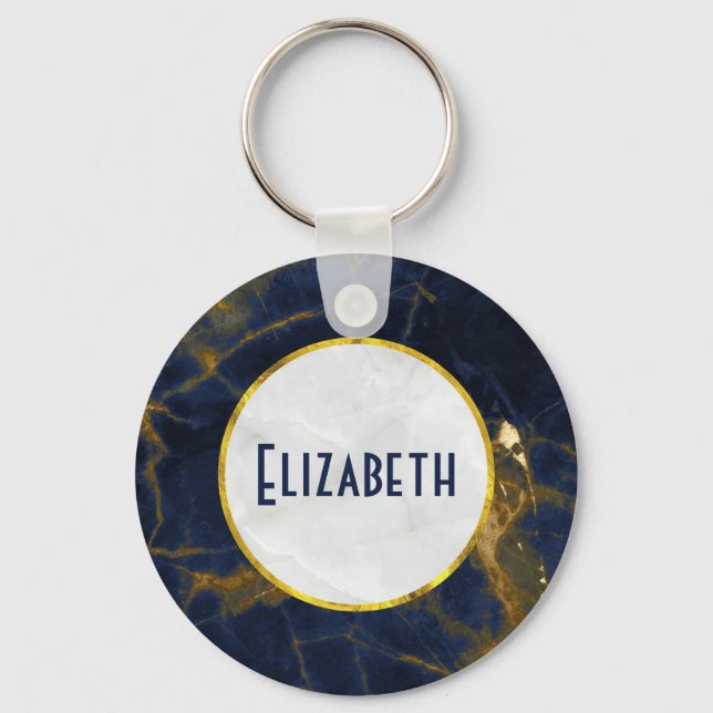 Navy Blue und Gold Marble Moderne Stilvoll Schlüsselanhänger (Vorderseite)