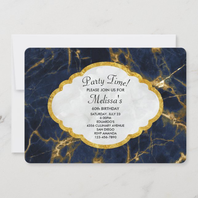 Navy Blue und Gold Marble Moderne Stilvolle Geburt Einladung (Vorderseite)
