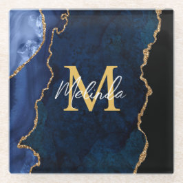 Navy Blue und Gold Marmor Agate Glasuntersetzer