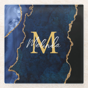 Navy Blue und Gold Marmor Agate Glasuntersetzer