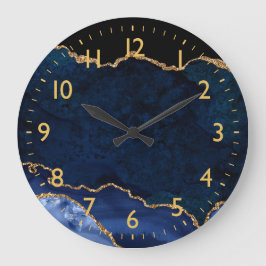 Navy Blue und Gold Marmor Agate Große Wanduhr