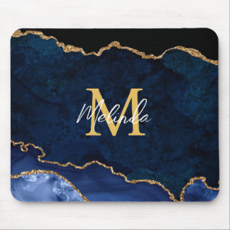 Navy Blue und Gold Marmor Agate Mousepad