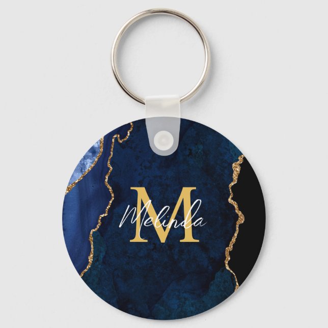 Navy Blue und Gold Marmor Agate Schlüsselanhänger (Vorderseite)
