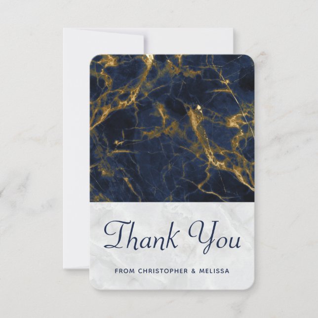 Navy Blue und Gold Marmor Moderne, stilvolle Hochz Dankeskarte (Vorderseite)