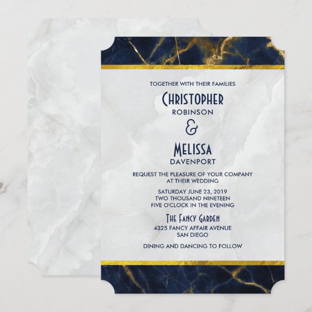 Navy Blue und Gold Marmor Moderne, stilvolle Hochz Einladung (Vorne/Hinten)