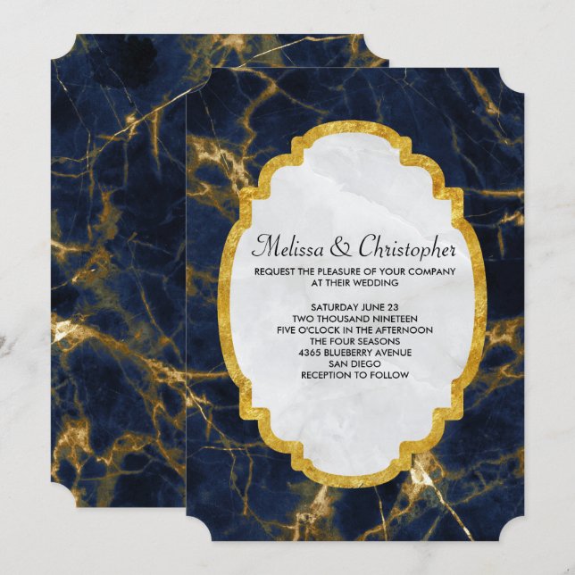 Navy Blue und Gold Marmor Moderne, stilvolle Hochz Einladung (Vorne/Hinten)