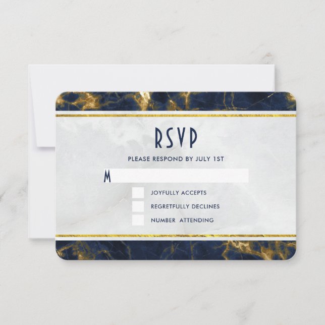 Navy Blue und Gold Marmor Moderne, stilvolle Hochz RSVP Karte (Vorderseite)