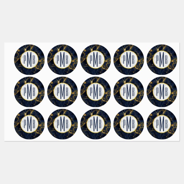Navy Blue und Gold Marmor Moderne, stilvolle Monog Etiketten (Blatt)