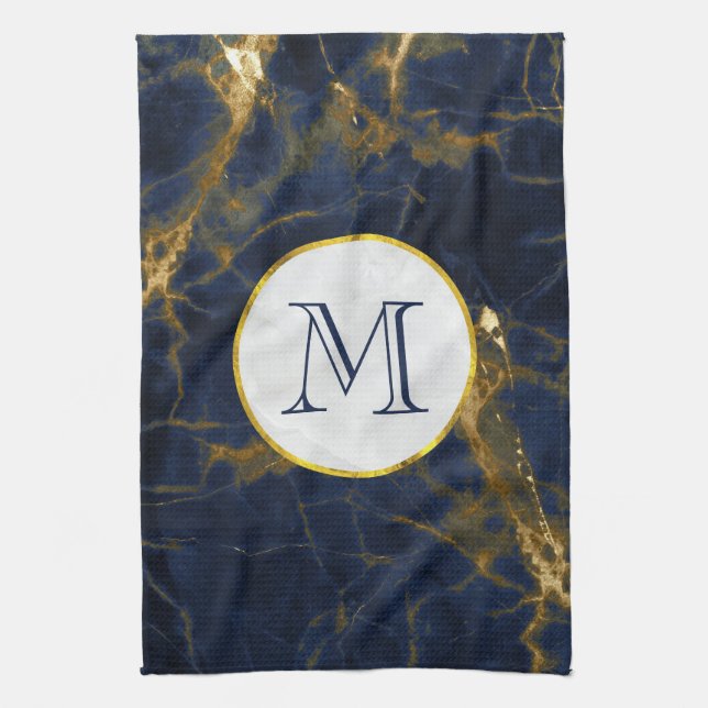 Navy Blue und Gold Marmor Moderne, stilvolle Monog Geschirrtuch (Vertikal)