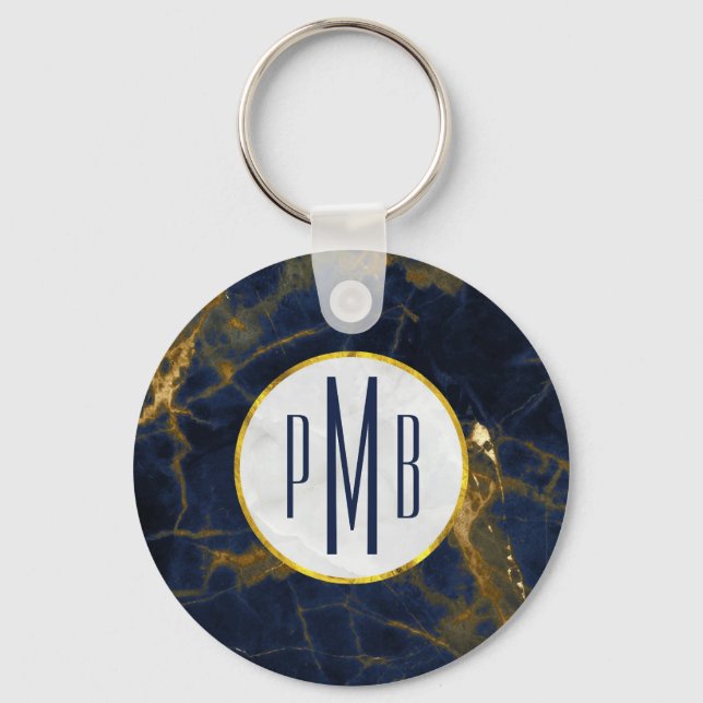 Navy Blue und Gold Marmor Moderne, stilvolle Monog Schlüsselanhänger (Vorderseite)