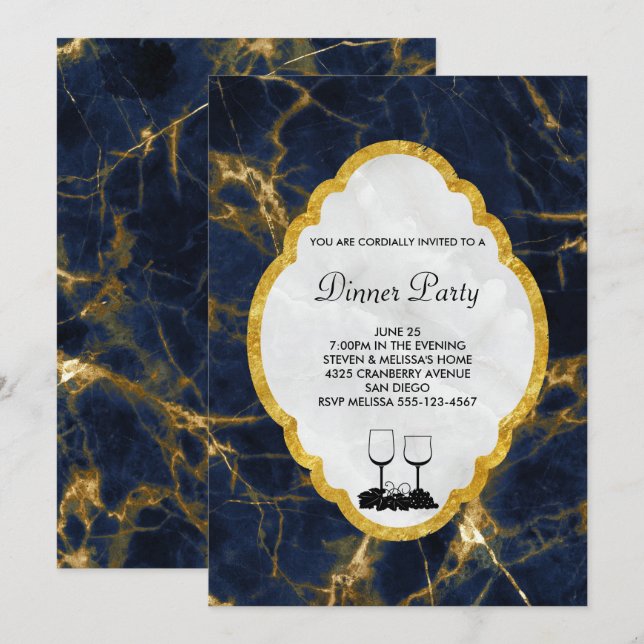 Navy Blue und Gold Marmor Stilvolles Party zum Abe Einladung (Vorne/Hinten)