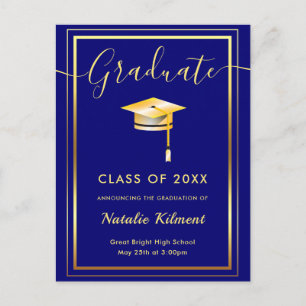 Navy Blue und Gold Moderne Graduate Cap Abschluss Ankündigungspostkarte
