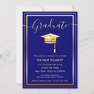 Navy Blue und Gold Moderne Graduate Cap Abschluss Einladung