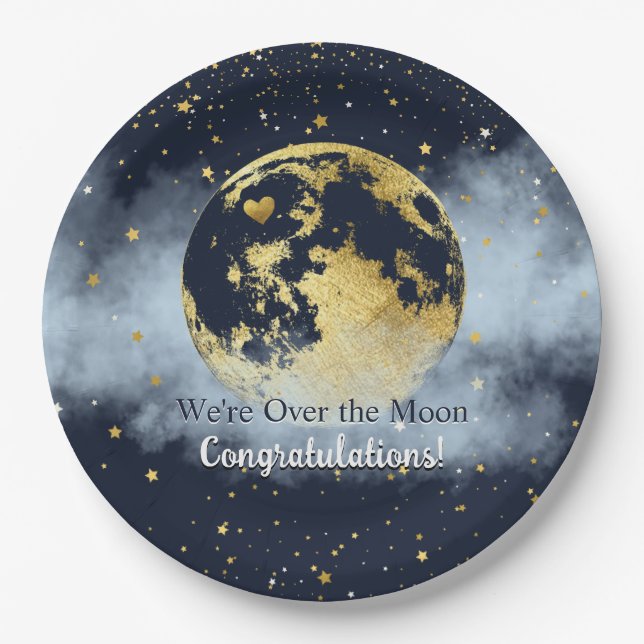 Navy Blue und Gold Over Moon Herzlichen Glückwunsc Pappteller (Vorderseite)
