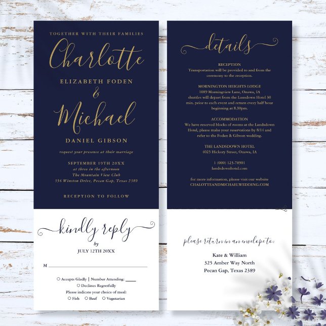 Navy Blue und Gold Script in einer Hochzeit Einladung (Navy Blue And Gold Script All In One Wedding Invitation)