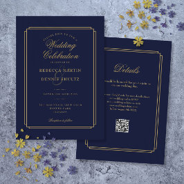 Navy Blue und Gold Script QR Code Art Deco Hochzei Einladung