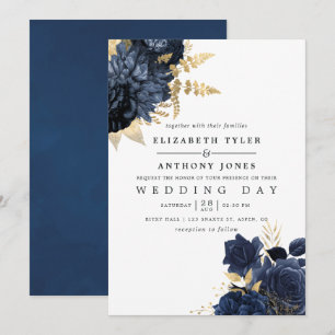 Navy Blue und Gold Vintag Shabby Rose Hochzeit Einladung