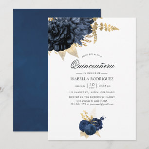 Navy Blue und Gold Vintage Rose Quinceañera Einladung