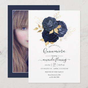 Navy Blue und Gold Vintage Rose Quinceañera Foto Einladung