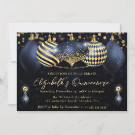 Navy Blue und Gold Weihnachtsbaubles Quinceanera Einladung
