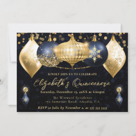 Navy Blue und Gold Weihnachtsbaubles Quinceanera Einladung