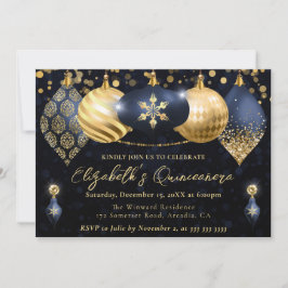 Navy Blue und Gold Weihnachtsbaubles Quinceanera Einladung