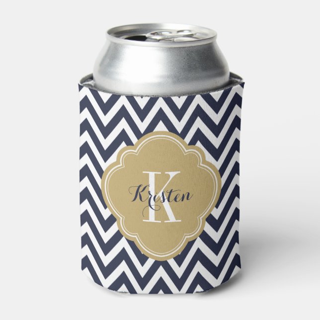 Navy Blue und Gold Zickzack Monogram Dosenkühler (Kanne Vorderseite)