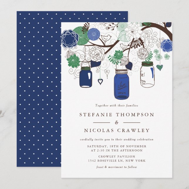 Navy Blue und Green Hanging Mason Jars Wedding Einladung (Vorne/Hinten)