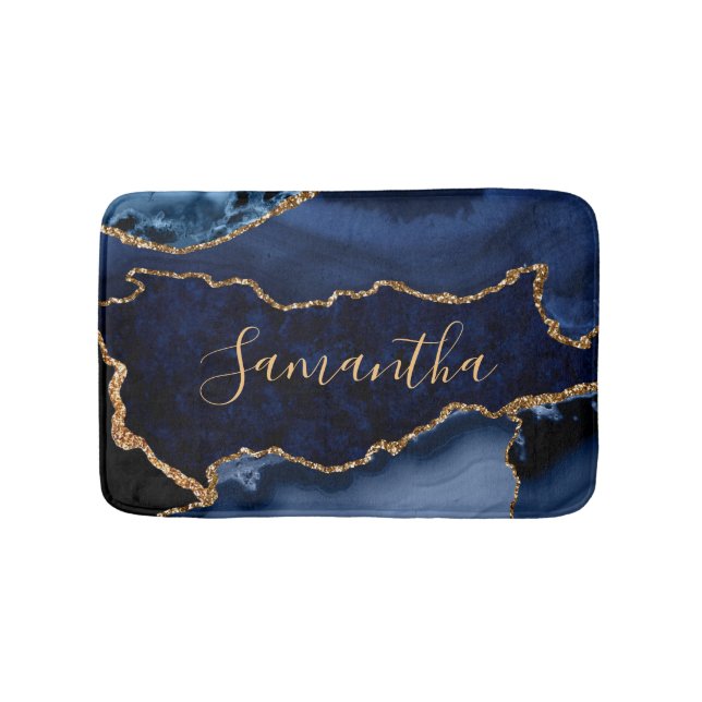 Navy Blue und Imitate Gold Glitzer Marble Agate Badematte (Vorderseite)