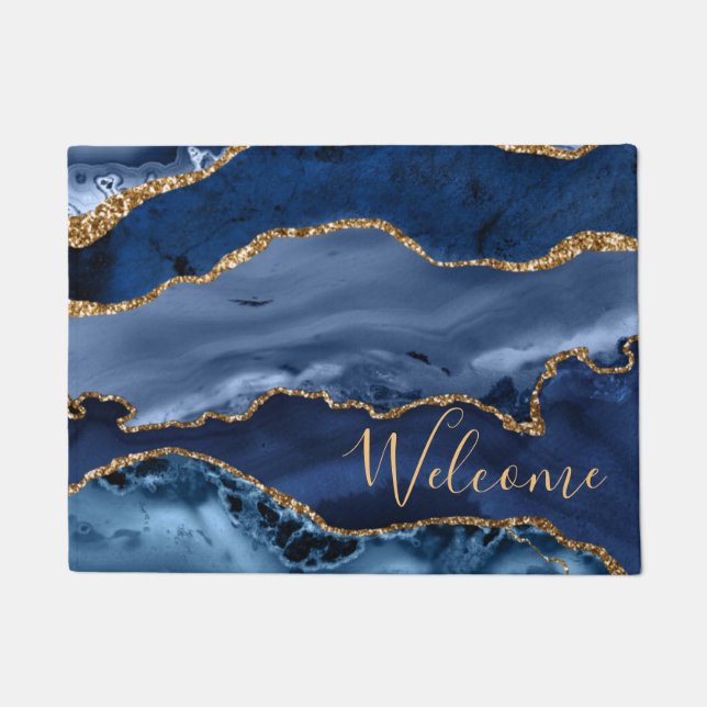 Navy Blue und Imitate Gold Glitzer Marble Agate Fußmatte (Vorderseite)