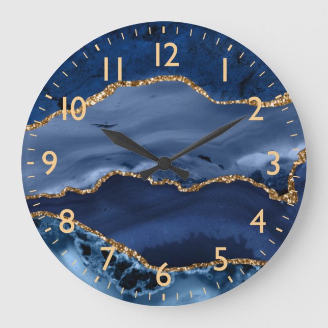 Navy Blue und Imitate Gold Glitzer Marble Agate Große Wanduhr (Vorderseite)
