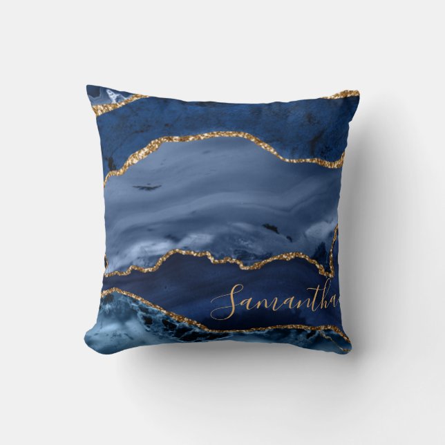 Navy Blue und Imitate Gold Glitzer Marble Agate  Kissen (Vorderseite)