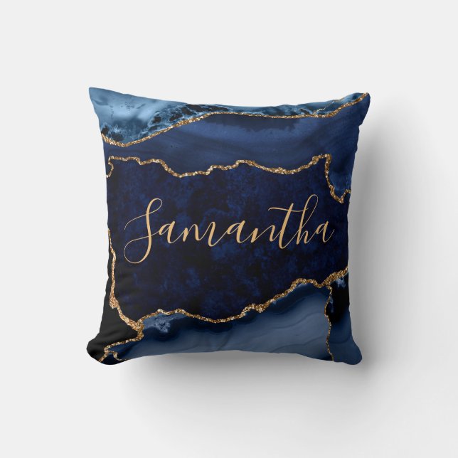 Navy Blue und Imitate Gold Glitzer Marble Agate Kissen (Vorderseite)