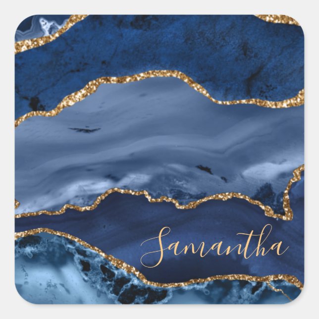 Navy Blue und Imitate Gold Glitzer Marble Agate Quadratischer Aufkleber (Vorderseite)
