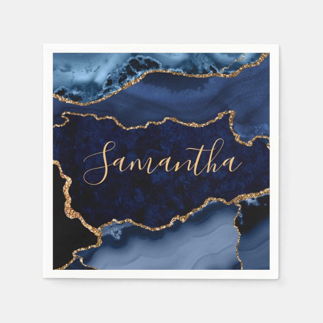 Navy Blue und Imitate Gold Glitzer Marble Agate Serviette (Vorderseite)